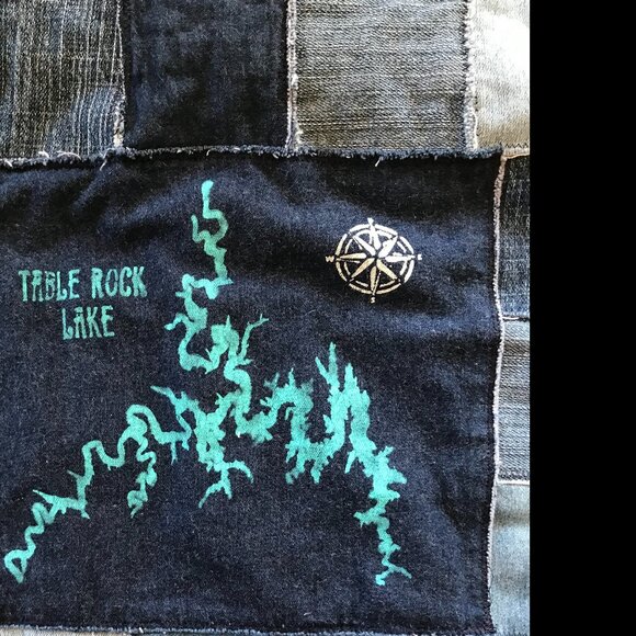 Table Rock Lake Map Patchwork Denim Jacket, Men M: Upcycled Handmade Distressed - Picture 3 of 10